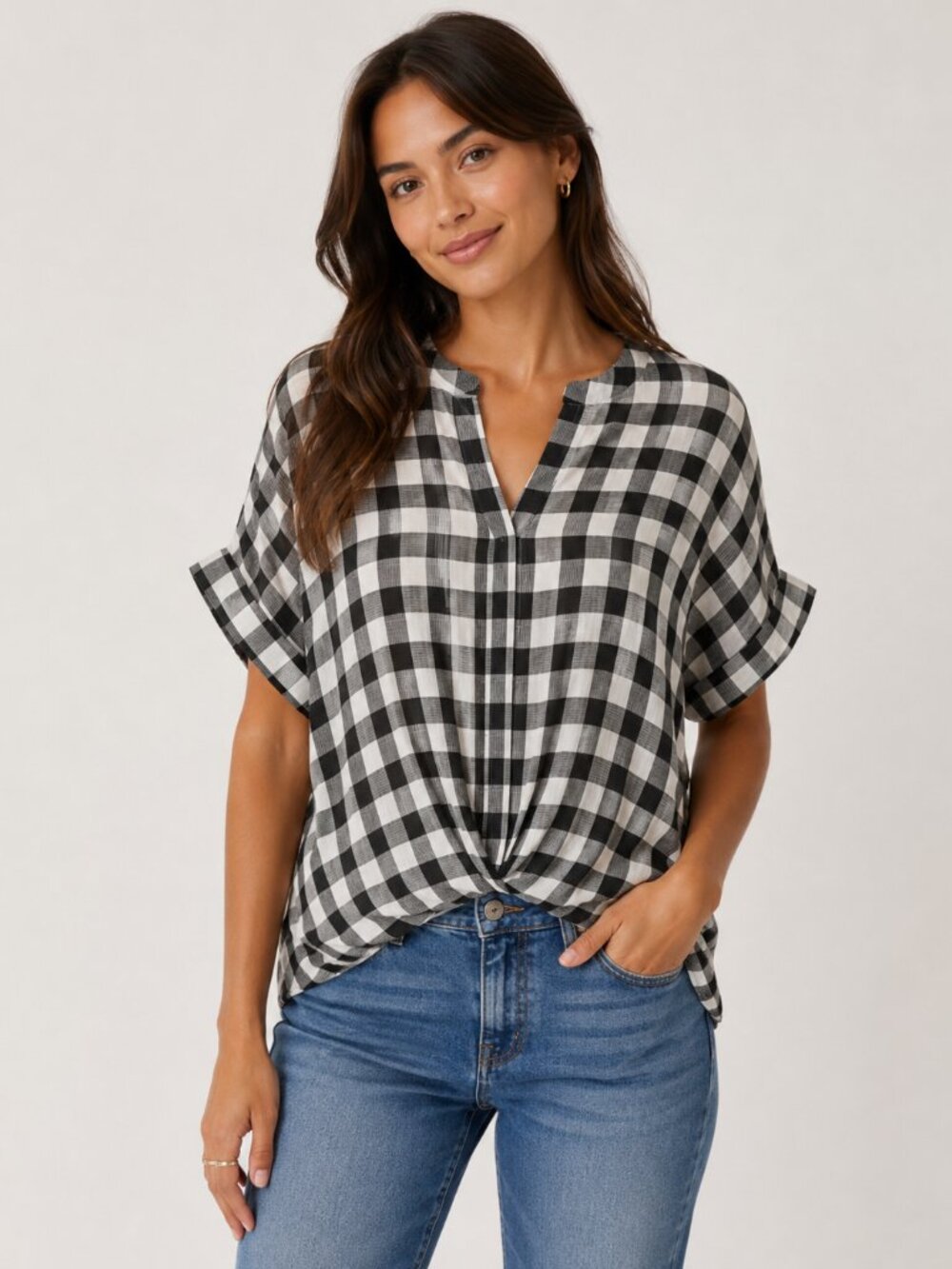 Universal Thread XXL Black White Gingham Plaid Twist Front Blouse Rayon top